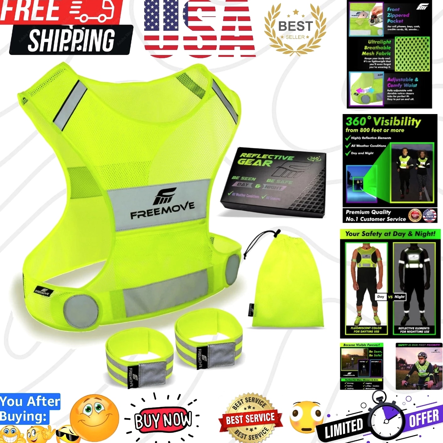 Reflective Vest - Running Gear + 2 Bands & Bag/Ultralight & Comfy Safety Vest...
