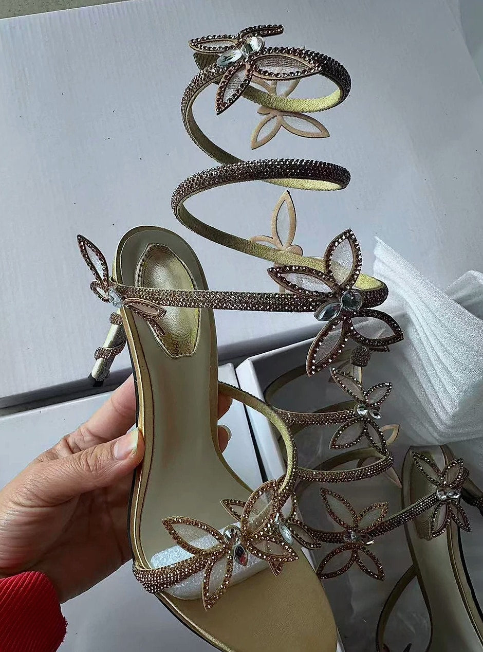Crystal Flower Ankle Strap Sandals with Thin High Heels