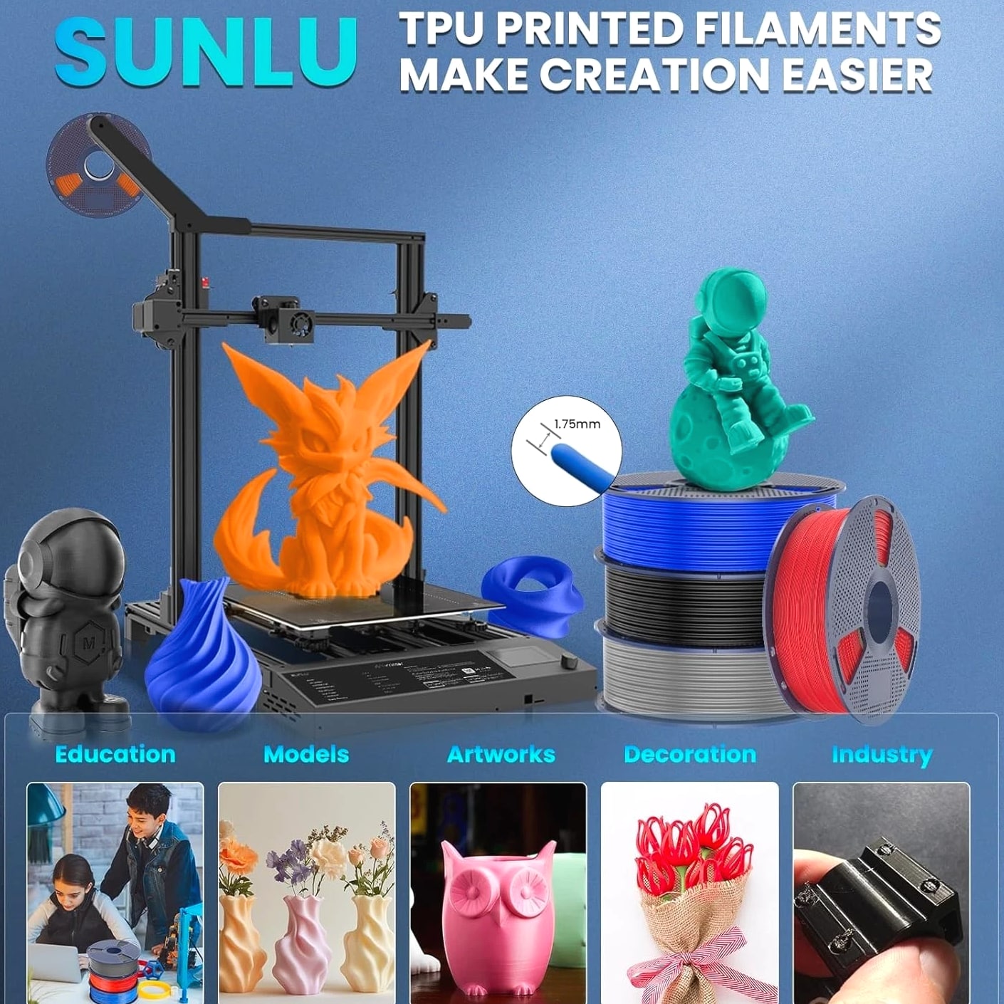 TPU 3D Printer Filament 1.75mm High Speed 95A TPU, 1KG Flexible 3D Filament