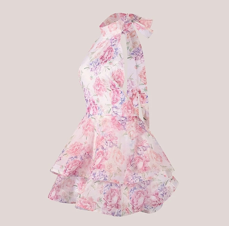 Chic Floral Printed Mini Dress Backless Sleeveless Hem Stacking Dresses Sweet A Line Vestidos 2025 New Lady Party Club Clothing