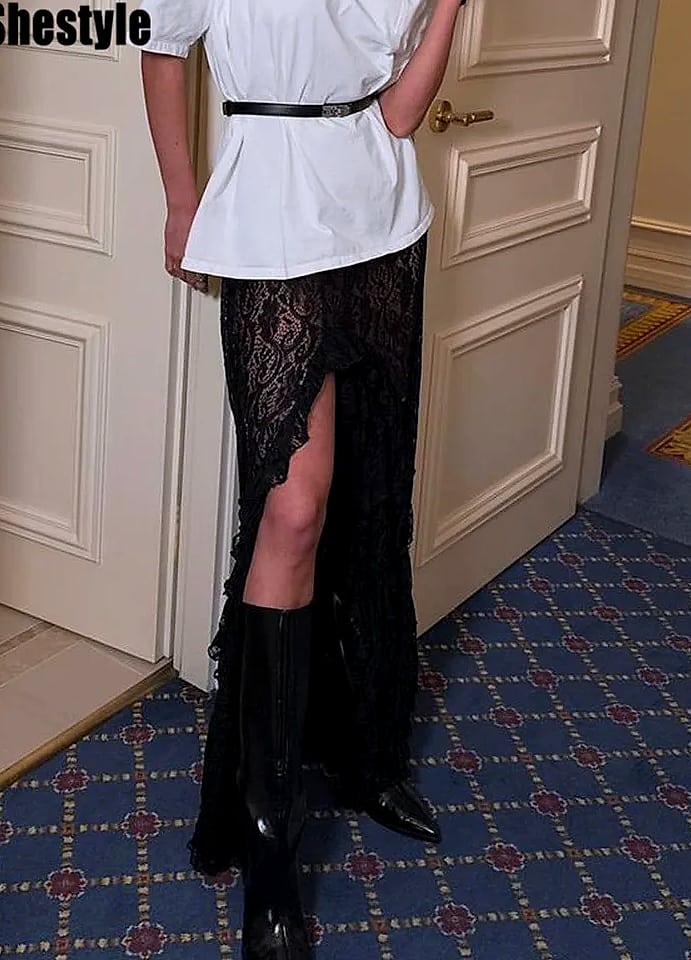 Grosfairy Lace Asymmetrical Skirt with Floral Ruffles