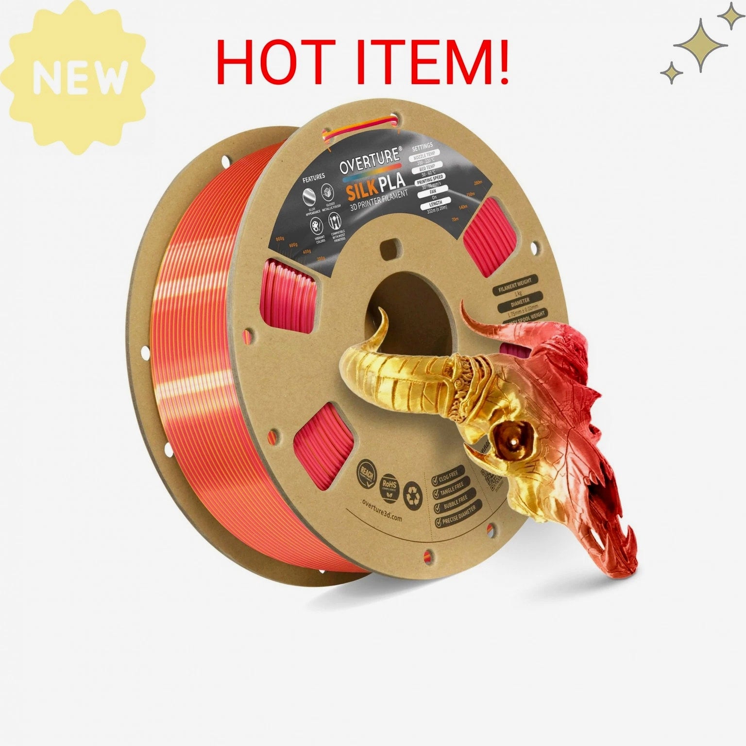 OVERTURE Silk PLA Dual Color Filament 1.75mm, Bi-Color Shiny PLA, Smooth & Glossy