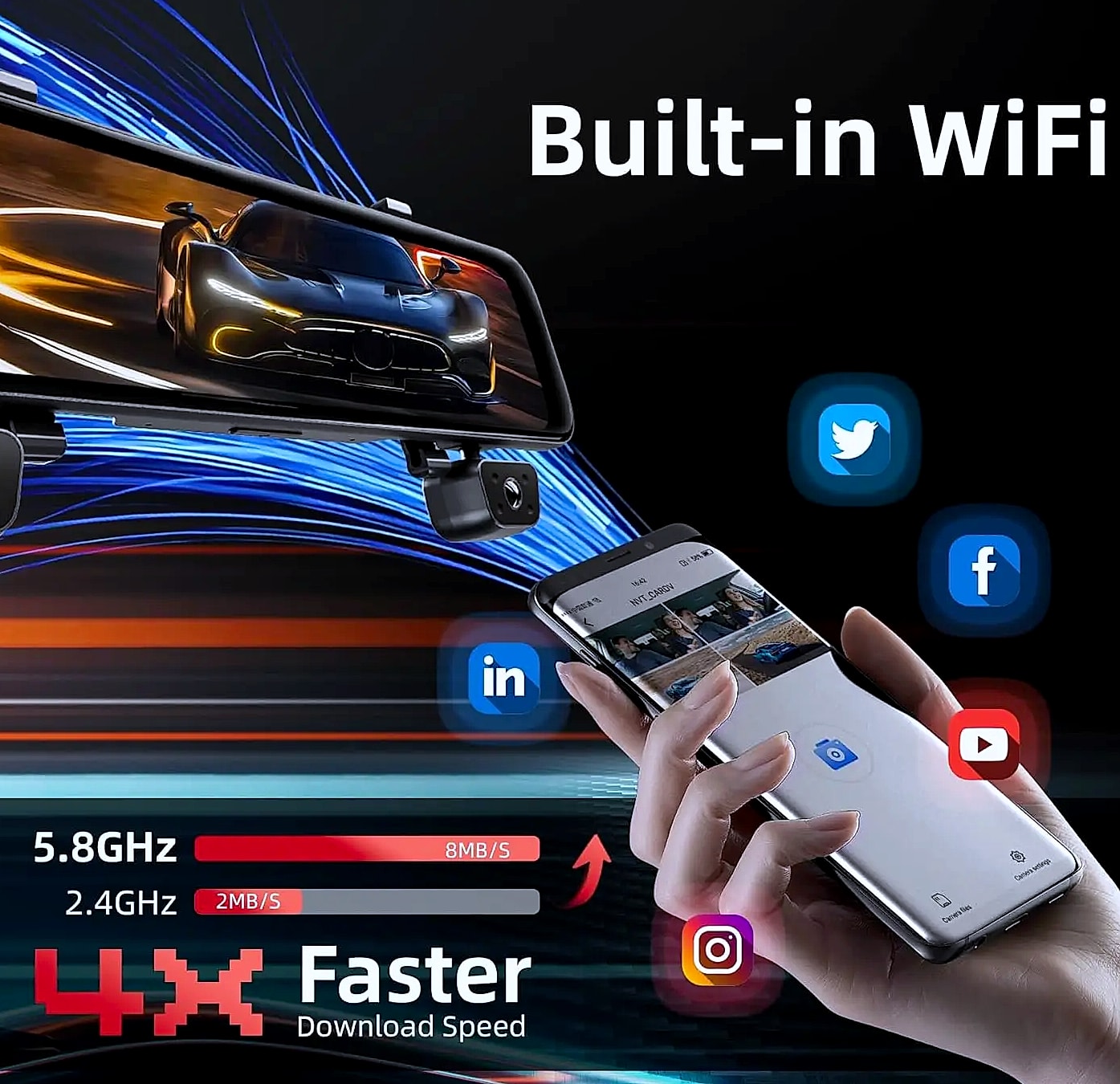 12 inch rear view mirror dash cam, 4 channel GPS WiFi