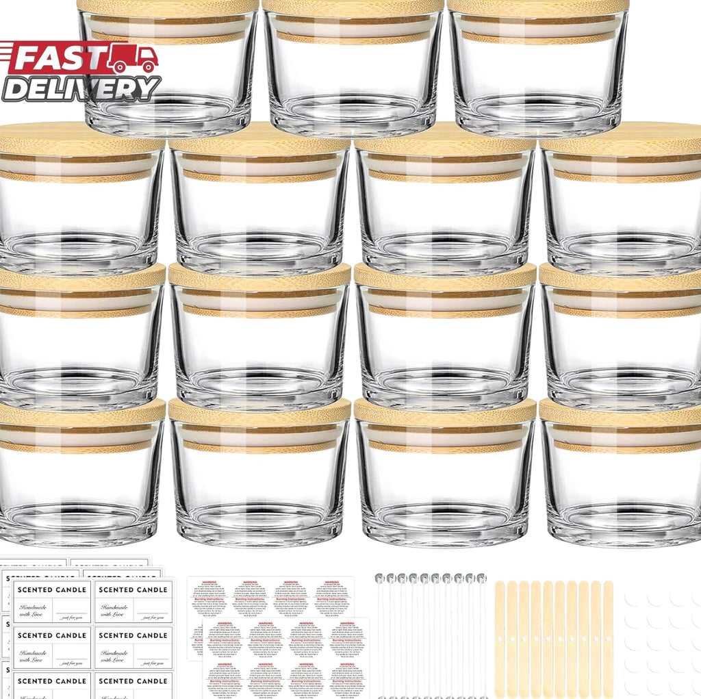 4 Oz Clear Candle Jars (15 Pack) - Small Wide Mouth Glass Jars with Bamboo Lids