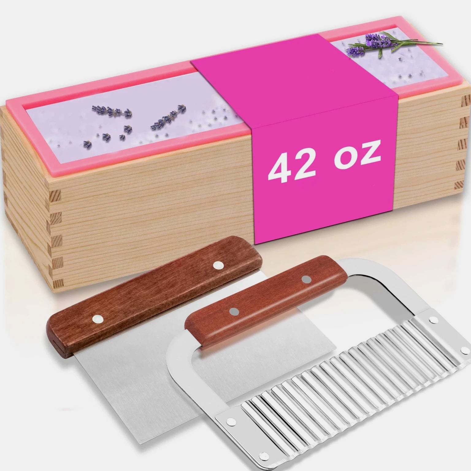 Soap Making Kit - Rectangular Silicone Mold 42oz, Wavy Cutter, Wood Box, Silver