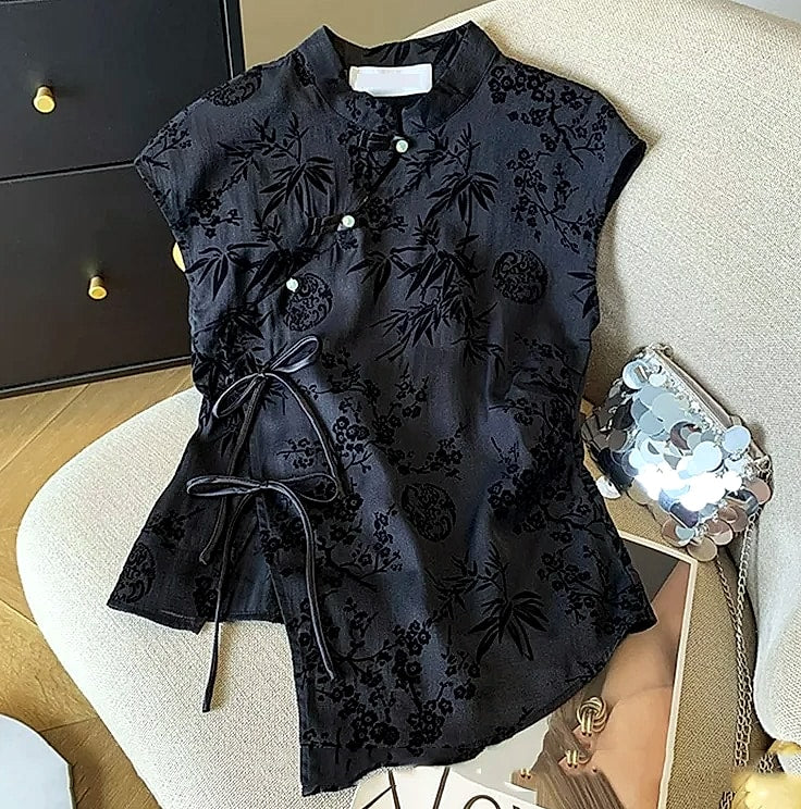 Retro Cheongsam Short Sleeve Top Black Jacquard Women's Shirt