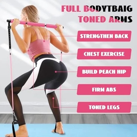 Pilates Bar Kit with Resistance Bands for Working Out, Pilates Equipment Pink