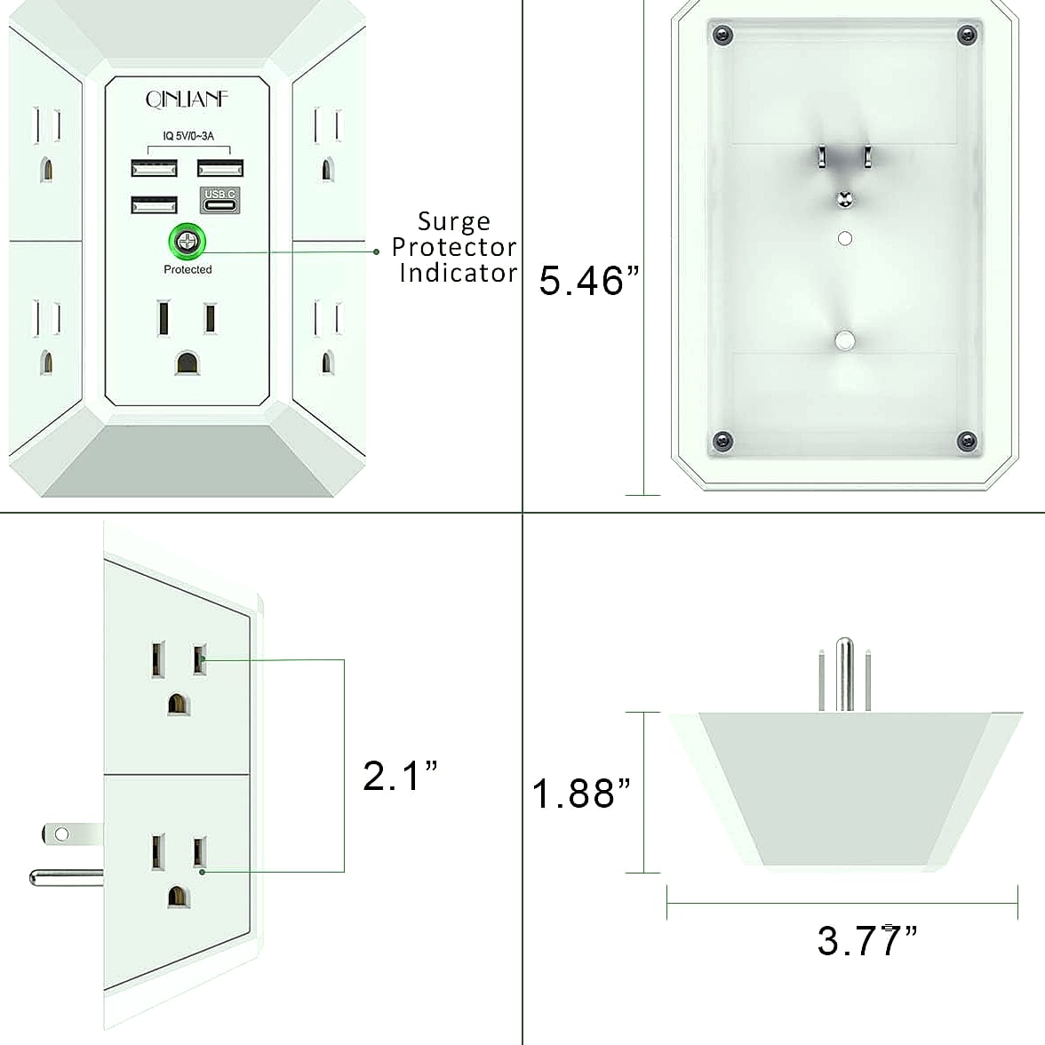 QINLIANF 5 Outlet Wall Charger with 4 USB Ports