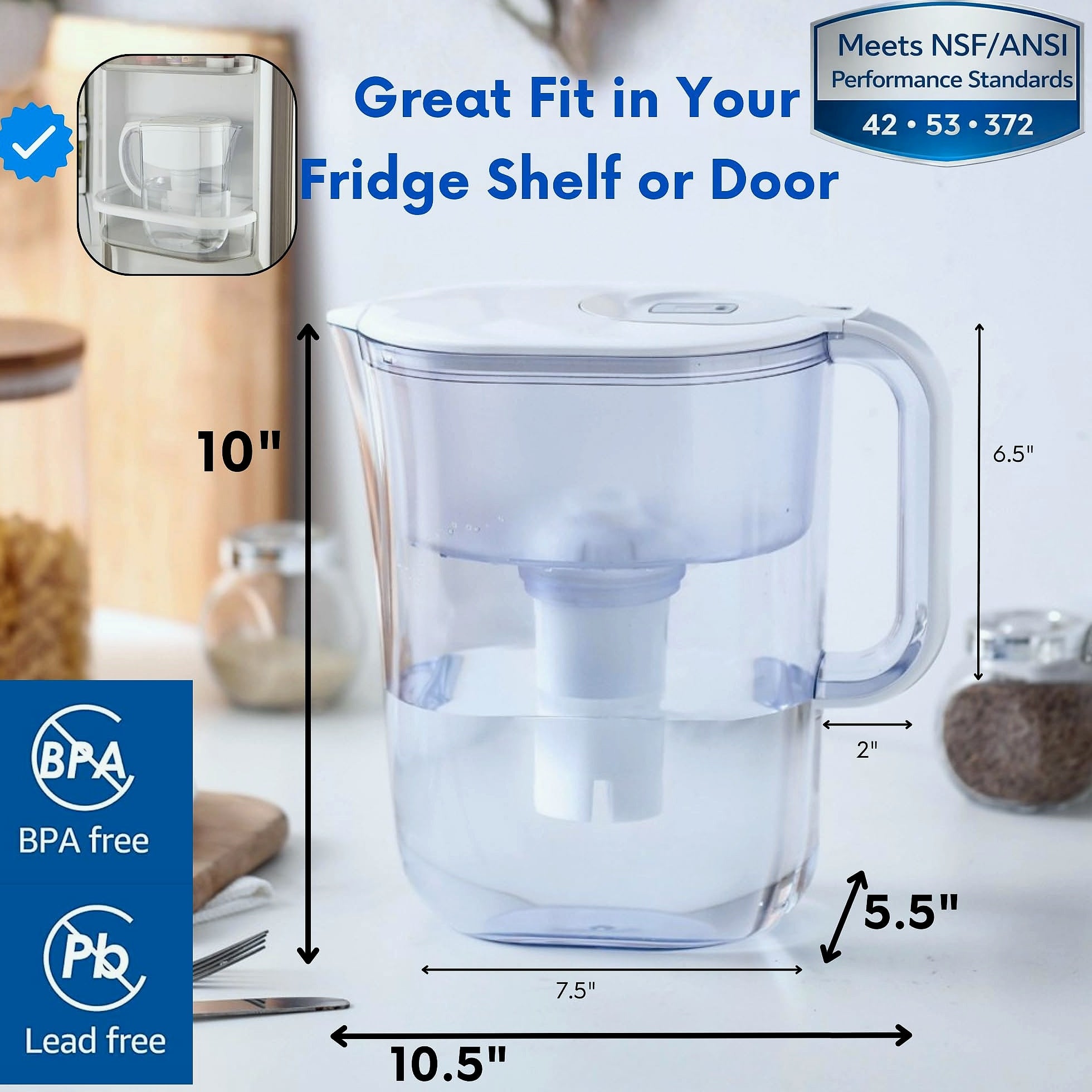 JOEY'Z 10-Cup Water Filter Pitcher with 5 Replacements and Electronic Indicator