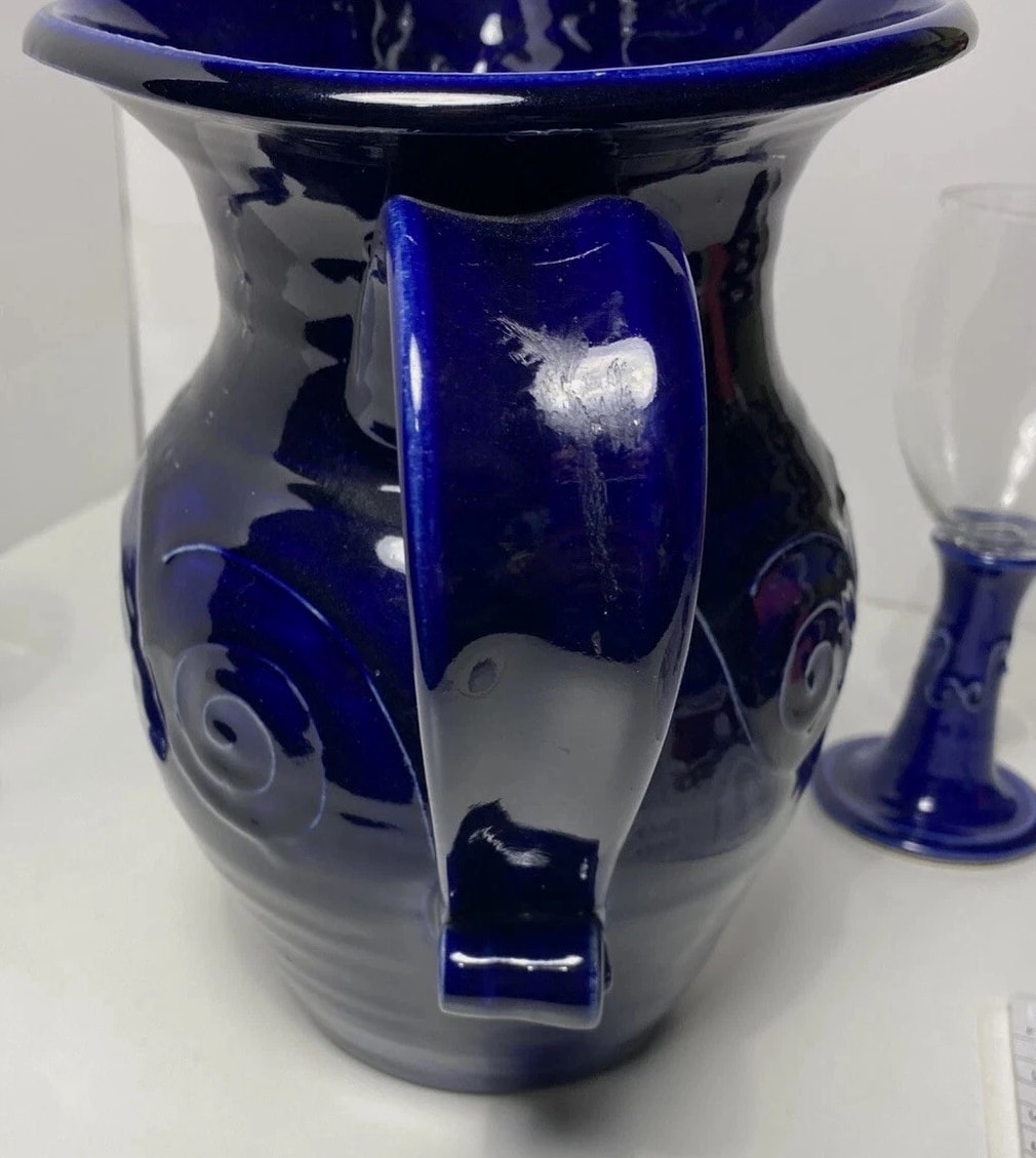 Studio pottery pitcher cobalt blue and glass Wine Glass Statement Piece