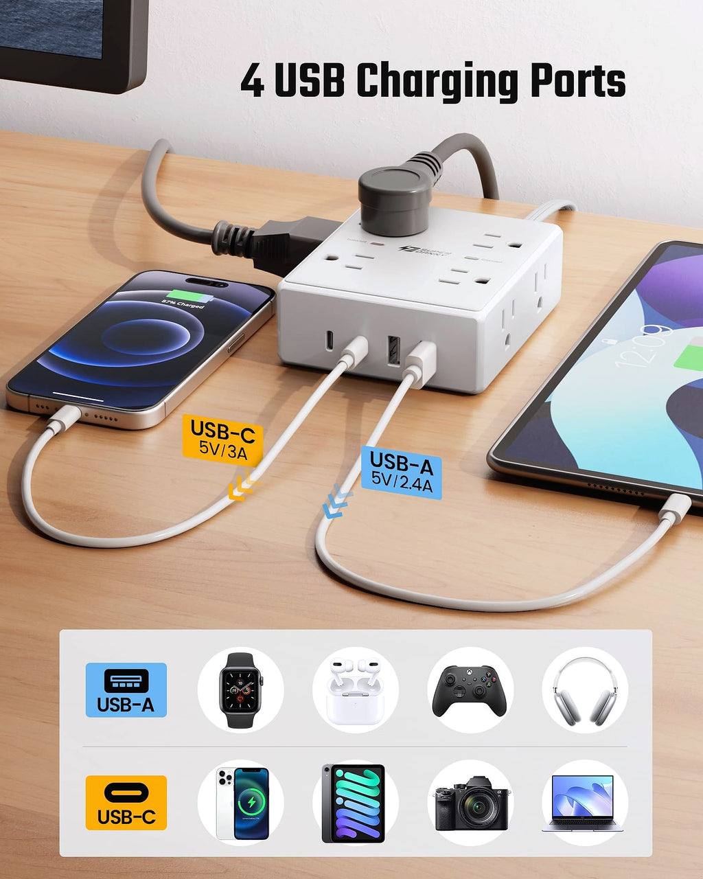 SUPERDANNY 10ft Extension Cord Power Strip, 8 Outlets 4 USB