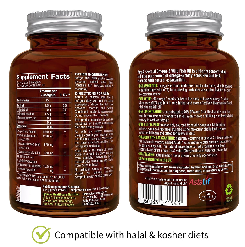 Igennus Ultra Pure Omega 3 Fish Oil 1360mg rTG 180 Softgels