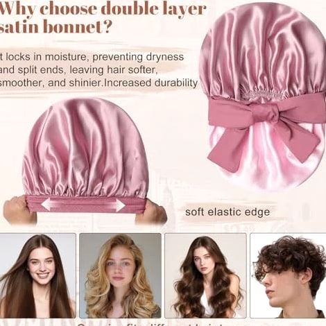 Satin Bonnet Sleep Cap Double Layer Hair Bonnet with Bean Paste + Pink