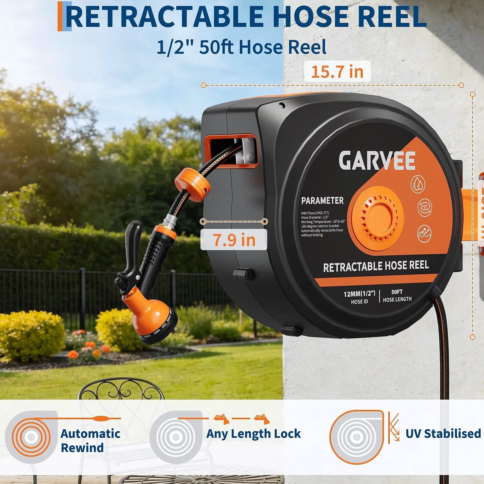 HiMISS Retractable Garden Hose Reel 50FT 100FT 130FT Wall Mounted