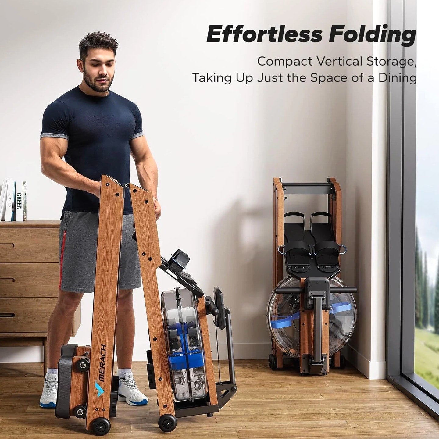 MERACH R28 Foldable Water Rowing Machines for Home Gym with 400LB Weight Wood