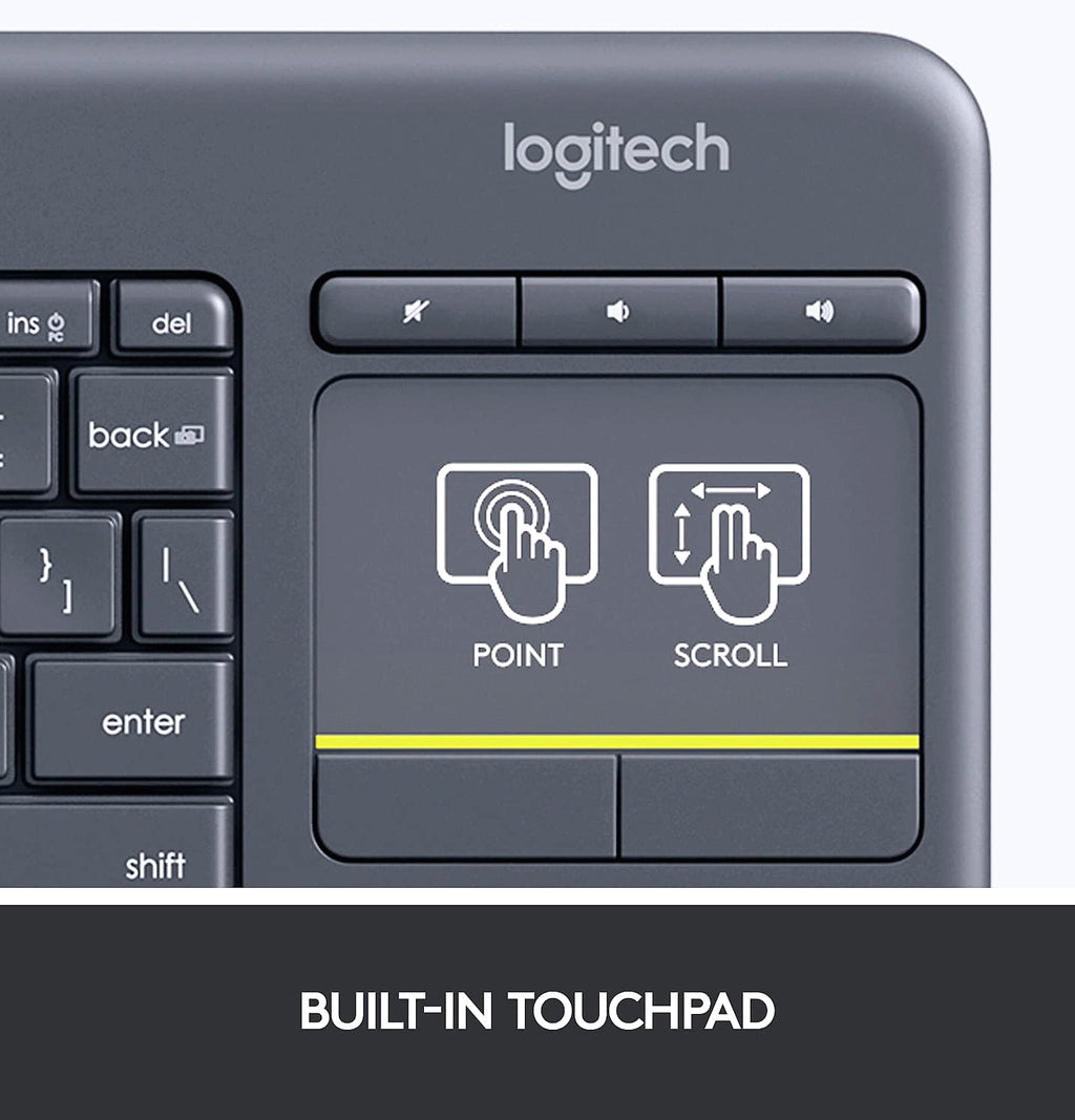 Logitech K400 Plus Wireless Touch TV Keyboard with Easy Media Control and Built-in Touchpad, HTPC Keyboard for PC-Connected TV, Windows, Android, ChromeOS, Laptop, Tablet - Black