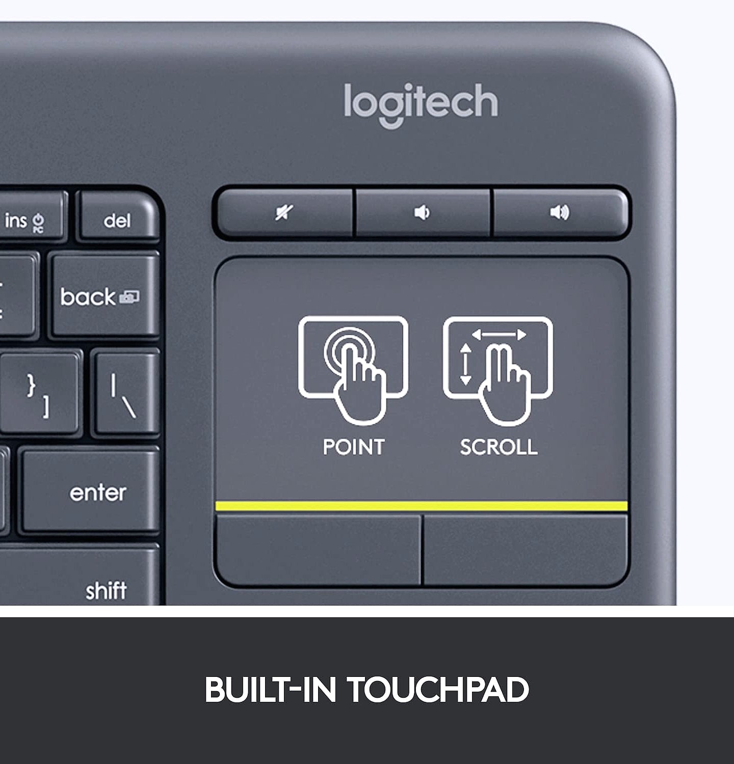 Logitech K400 Plus Wireless Touch TV Keyboard with Easy Media Control and Built-in Touchpad, HTPC Keyboard for PC-Connected TV, Windows, Android, ChromeOS, Laptop, Tablet - Black