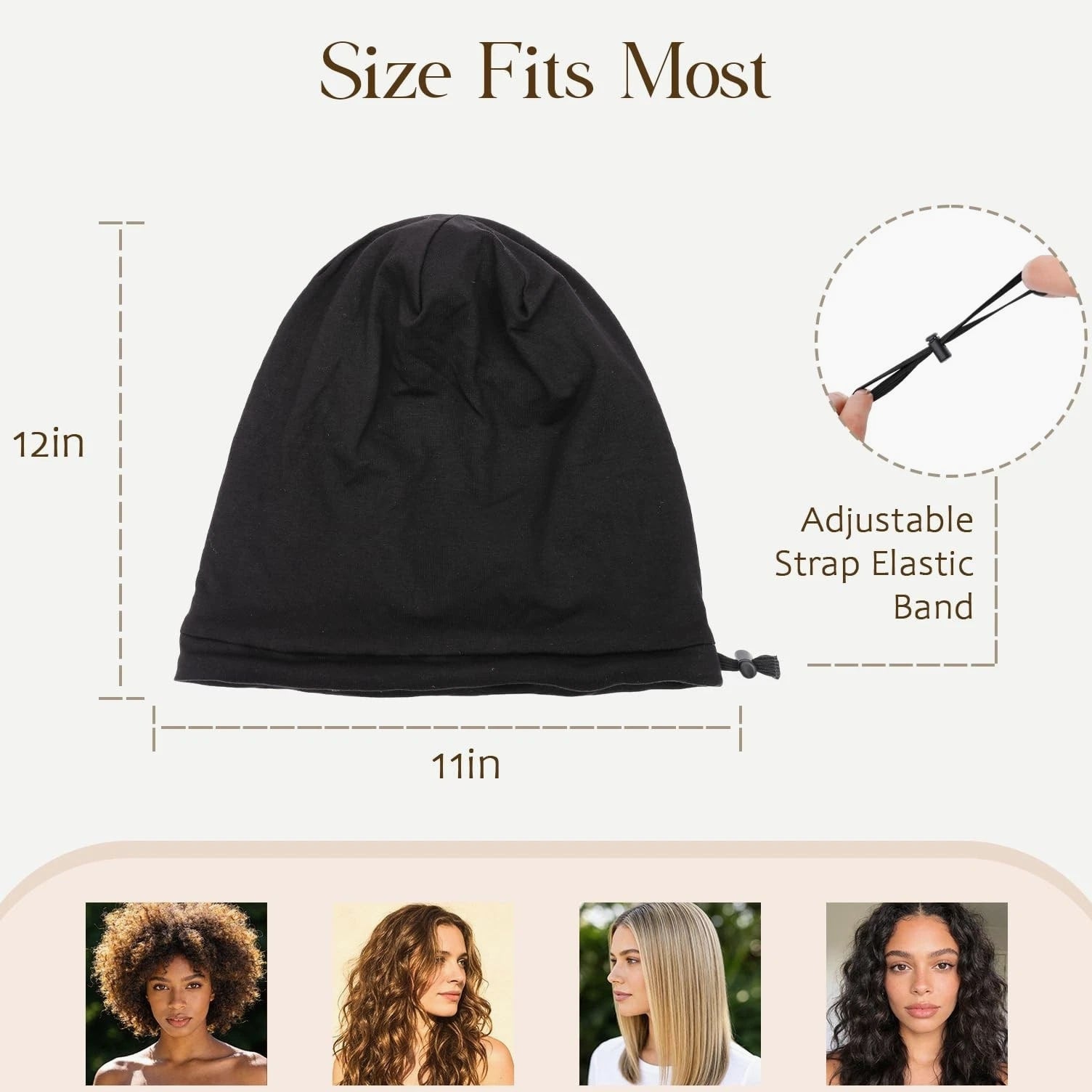 NICPOO Silk Satin Bonnet Hair Wrap for Sleeping, Medium-Large, Black and Khaki