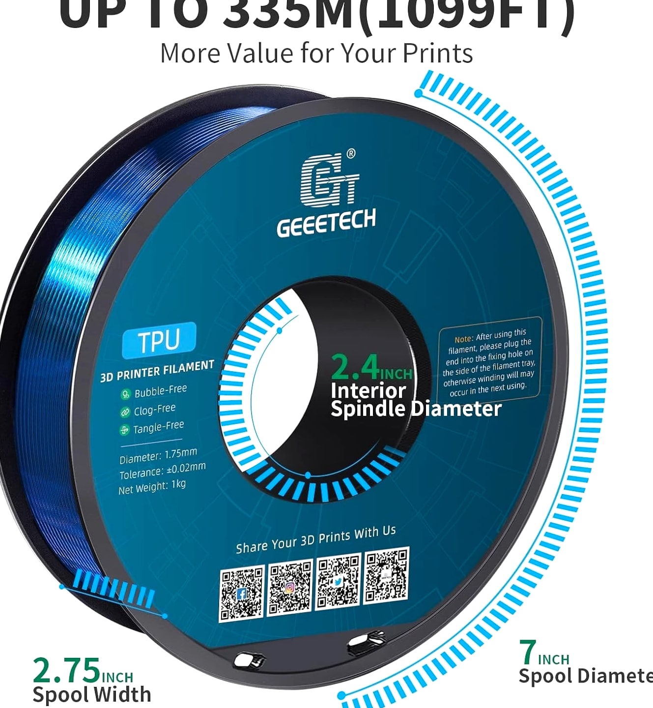Flex TPU Filament 1.75mm 95A Shore, Clear Blue Flexible