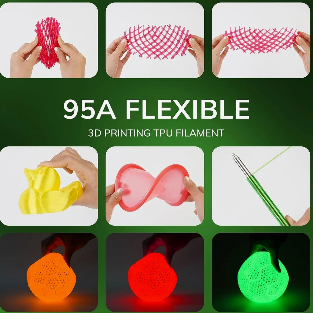 Flexible 95A TPU 3D Printer Filament - 1kg Glow Green for Nighttime Projects