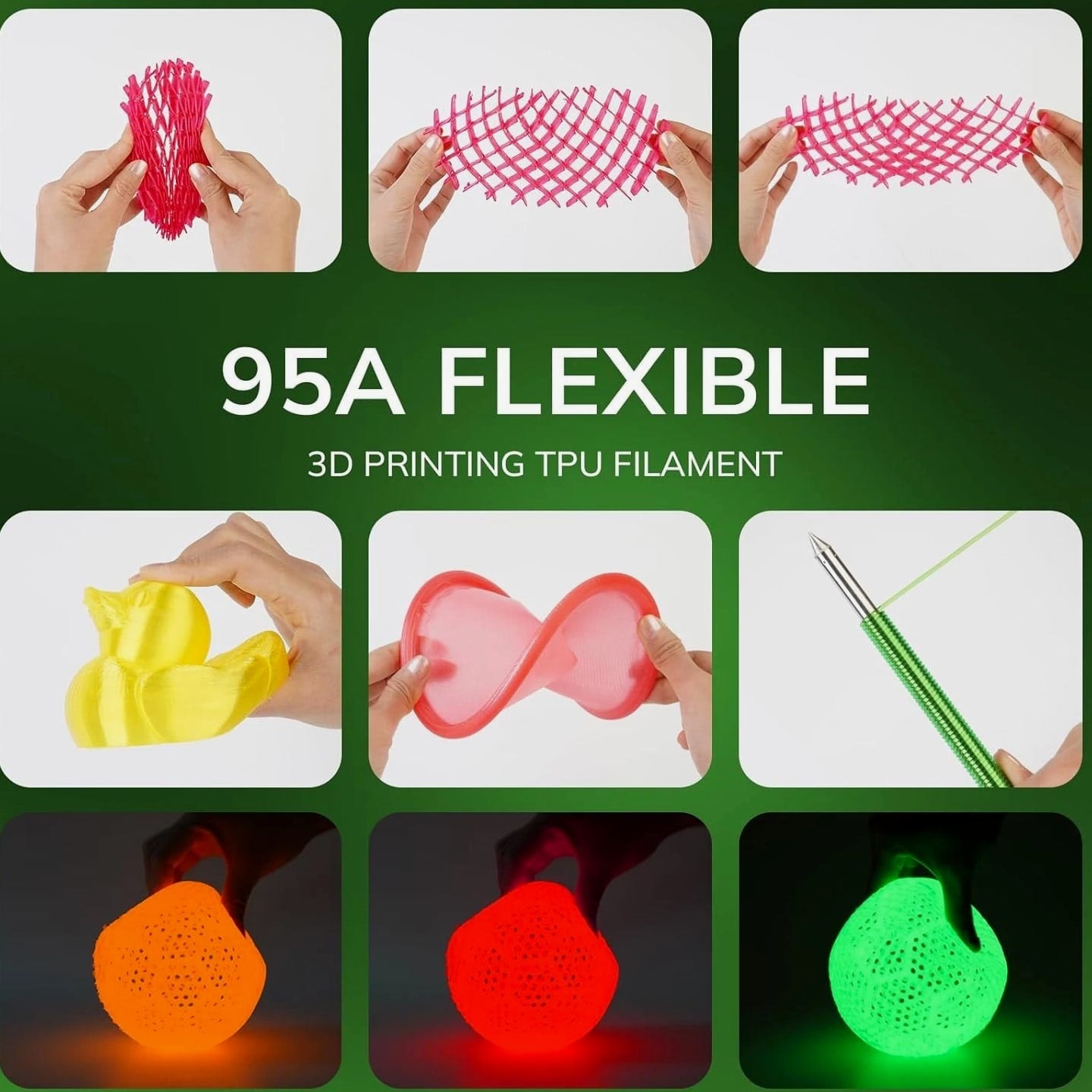 Flexible 95A TPU 3D Printer Filament - 1kg Glow Green for Nighttime Projects