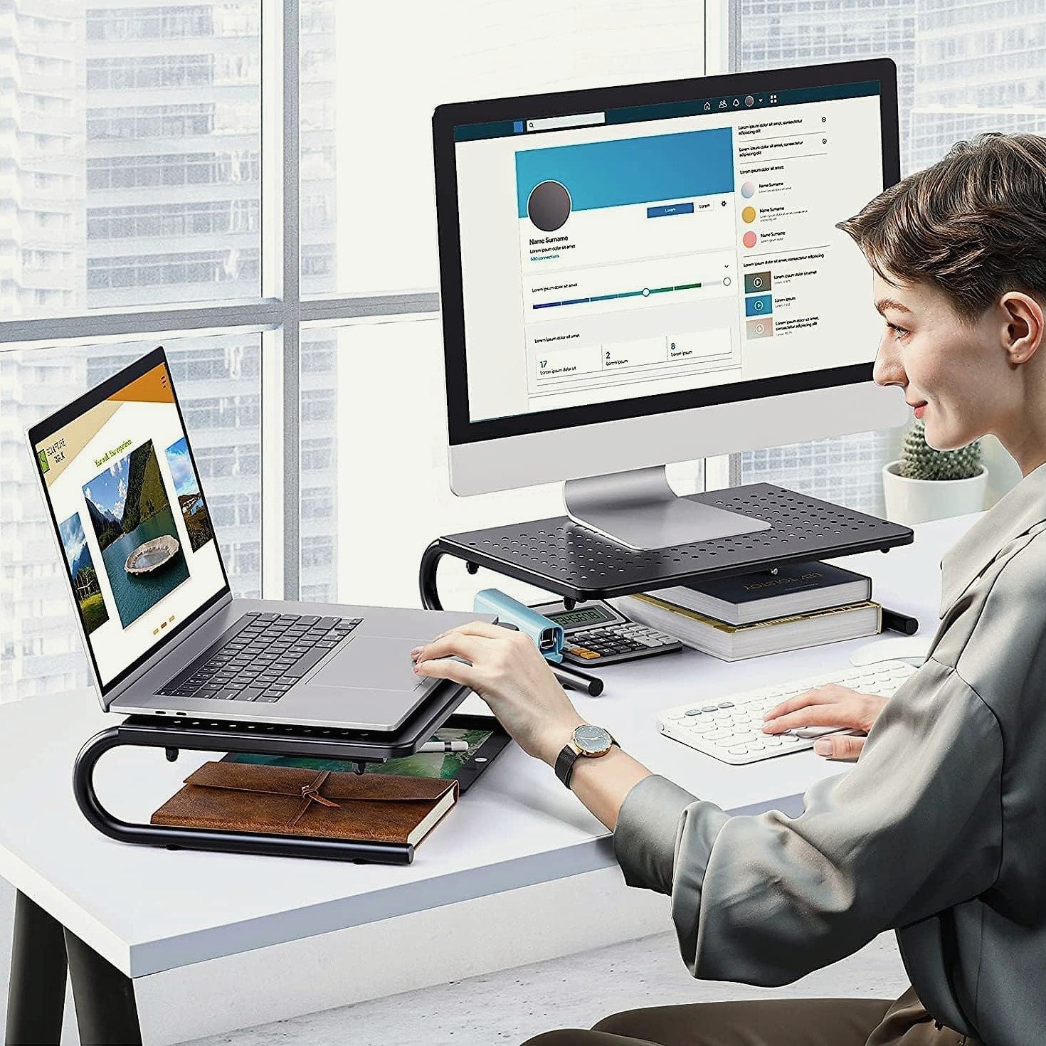 HUANUO Monitor Riser Desk Organizer with Vented Laptop Shelf