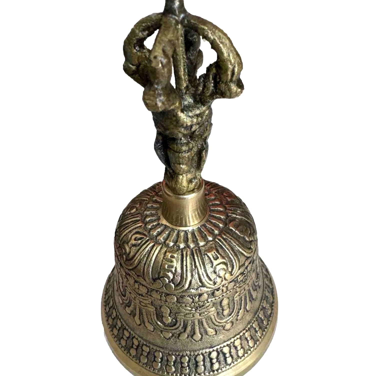 Vintage Ornate Brass Hand Bell with Buddha Face on Handle 6.25 inches