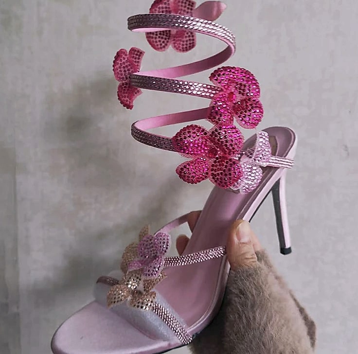 Crystal Flower Ankle Strap Sandals with Thin High Heels