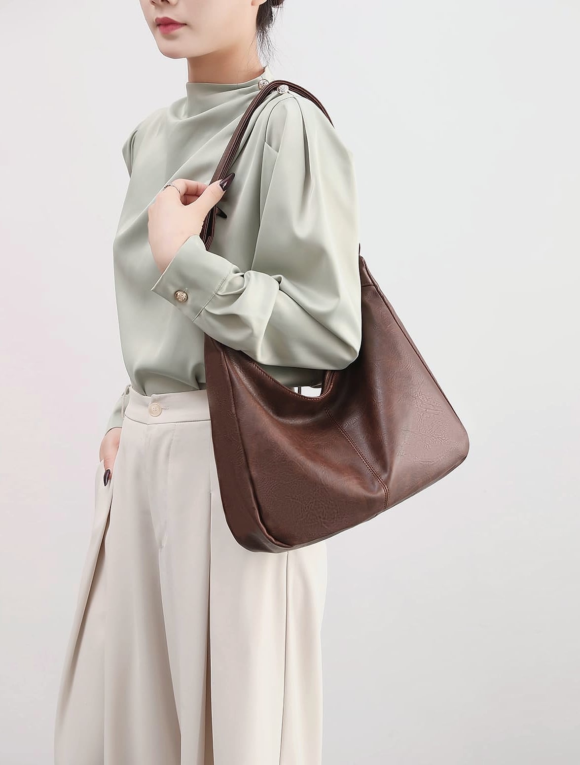 NIUEIMEE ZHOU Hobo Bag Foldable Vegan Leather Shoulder Handbag