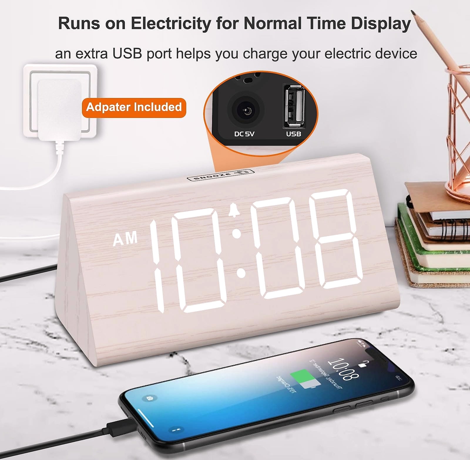 DreamSky Wooden Digital Alarm Clock with USB Charger Port