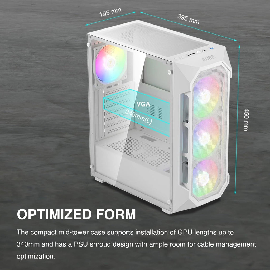 ATX Mid Tower Gaming PC Case with Tempered Glass and 4x 120mm Fans