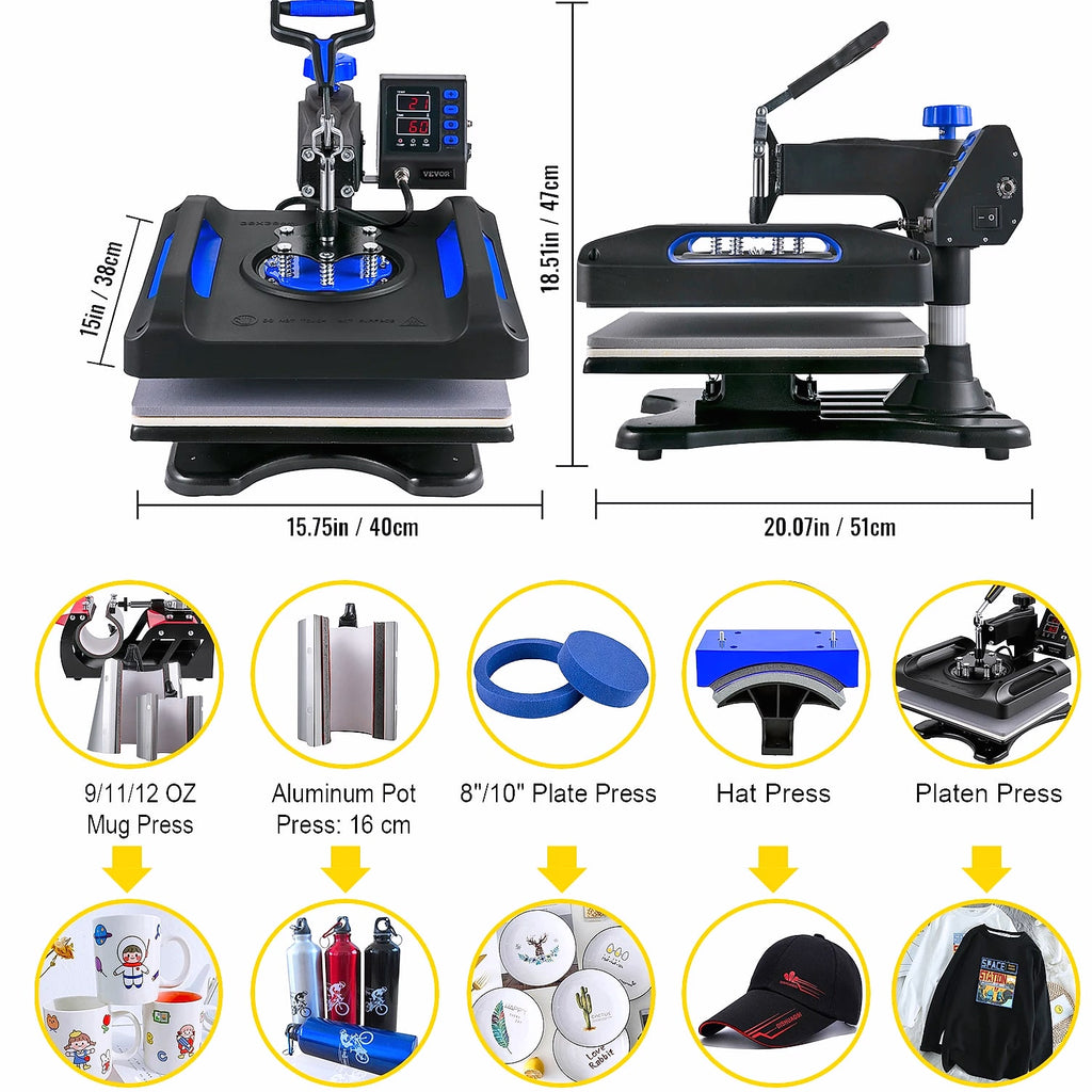 SucceBuy 12x15" Heat Press 5-in-1 Combo Machine with Dual Heating