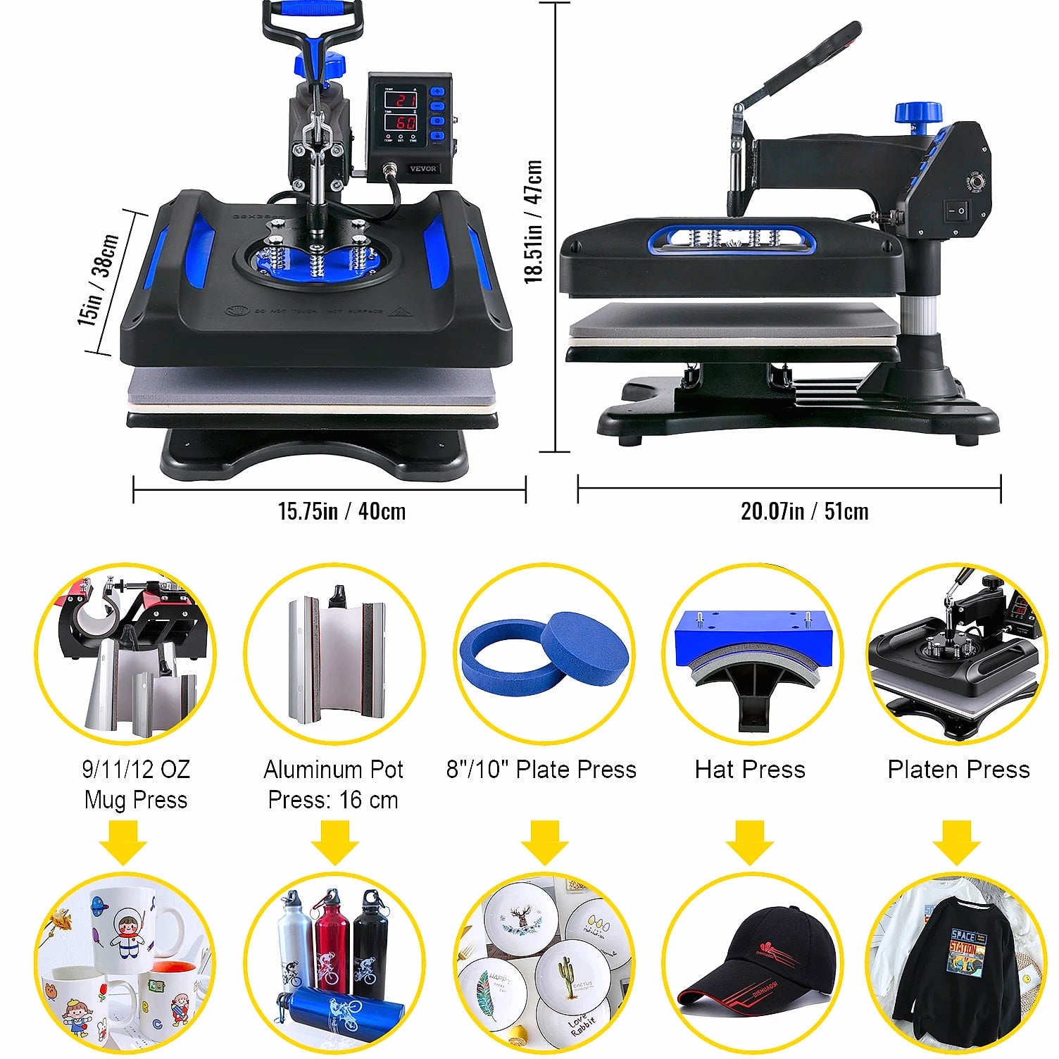 SucceBuy 12x15" Heat Press 5-in-1 Combo Machine with Dual Heating