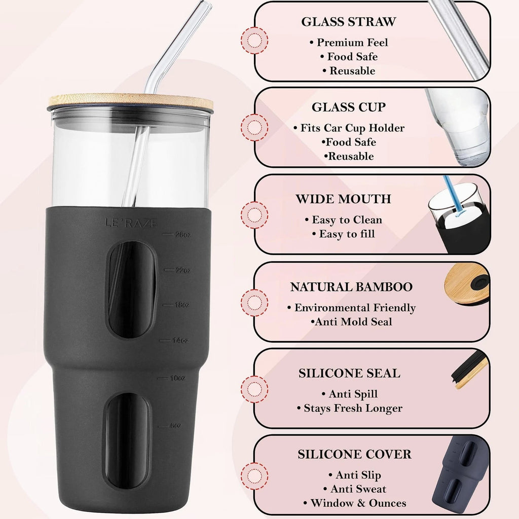 32 oz Black Glass Tumbler with Straw & Bamboo Lid, Silicone Sleeve, Reusable B...