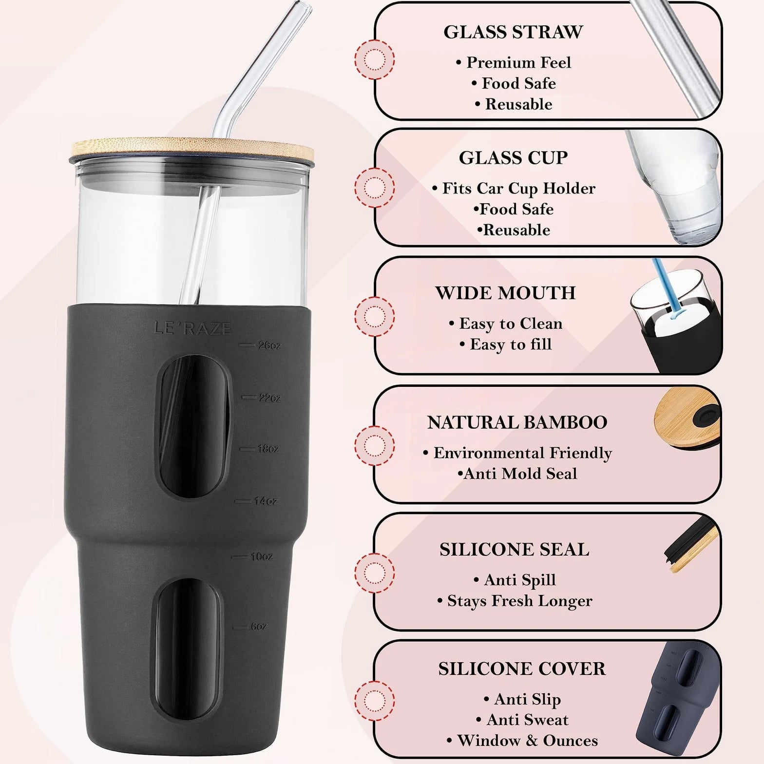 32 oz Black Glass Tumbler with Straw & Bamboo Lid, Silicone Sleeve, Reusable B...