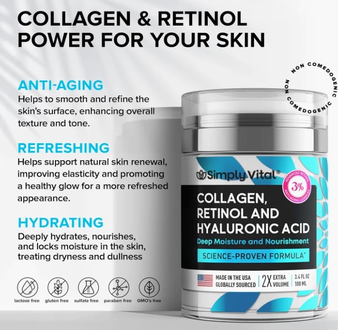 Anti-Aging Face Moisturizer - Retinol, Collagen & Hyaluronic Acid, Day & Night