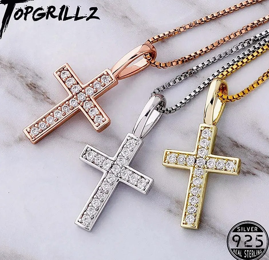 TOPGRILLZ 925 Sterling Silver Ice Zircon Cross Pendant