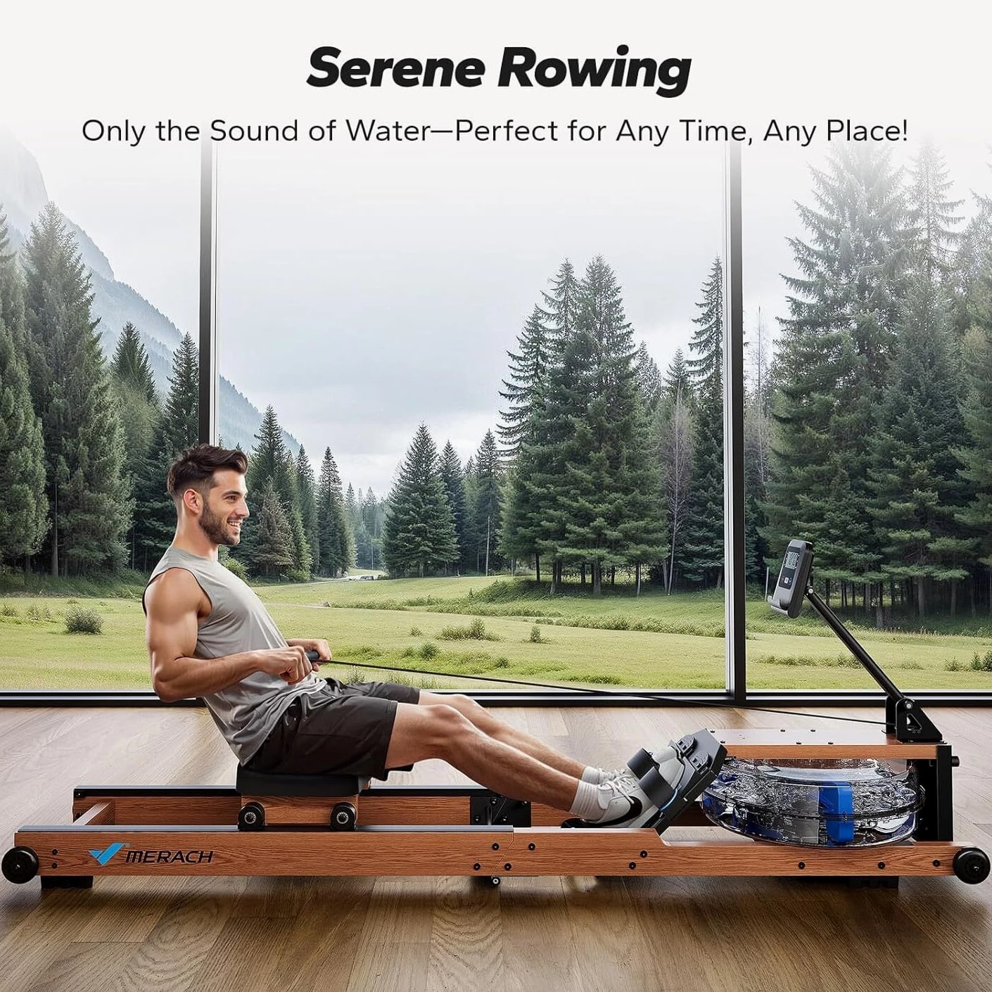 MERACH R28 Foldable Water Rowing Machines for Home Gym with 400LB Weight Wood