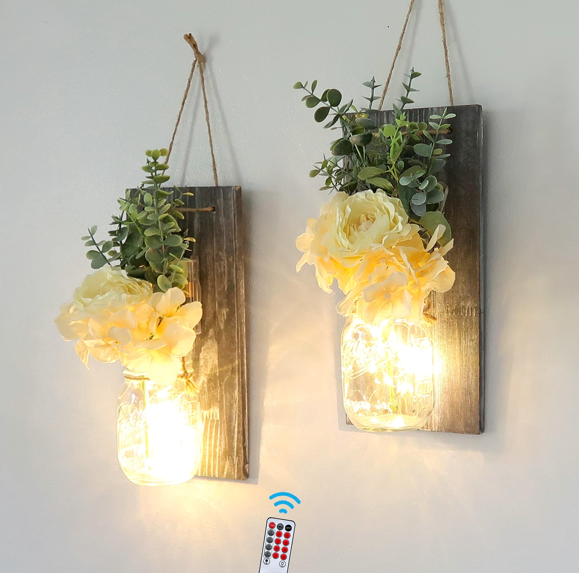 Besuerte Rustic Wooden Wall Sconce with LED String Lights, Set of 2