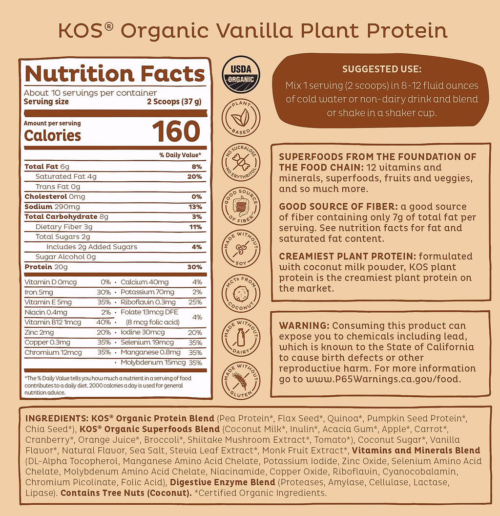 KOS Plant Based Vanilla Protein Powder, Organic Vegan