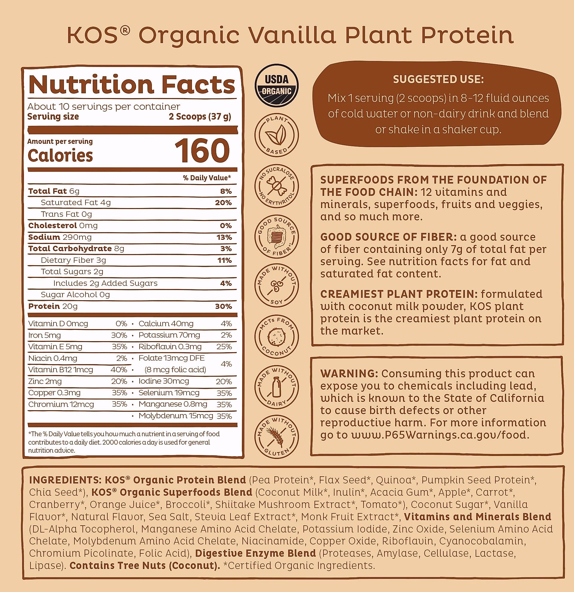 KOS Plant Based Vanilla Protein Powder, Organic Vegan