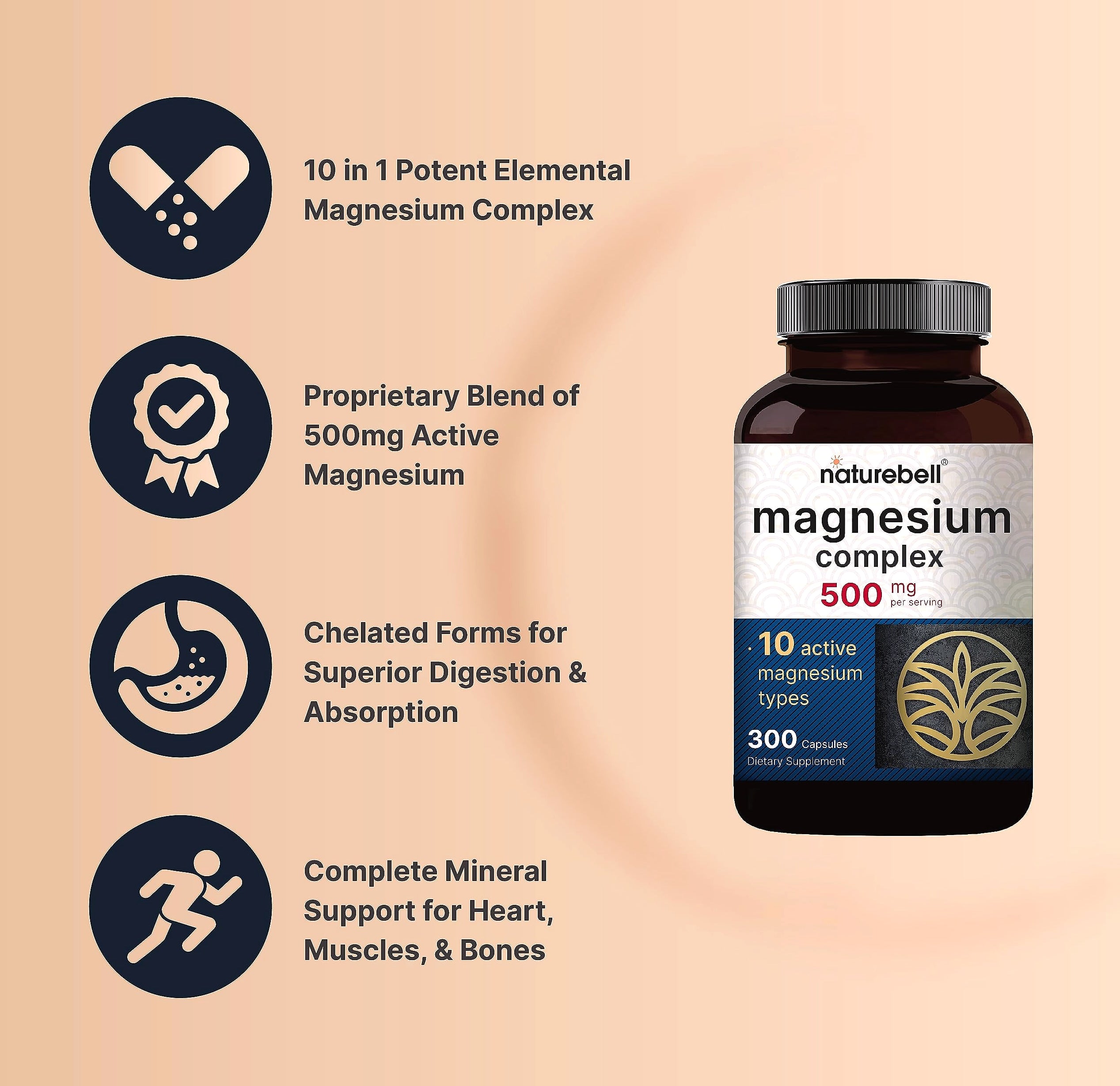 NatureBell Magnesium Complex 500mg, 300 Capsules Supplement