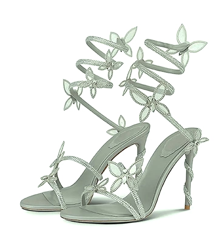Crystal Flower Ankle Strap Sandals with Thin High Heels