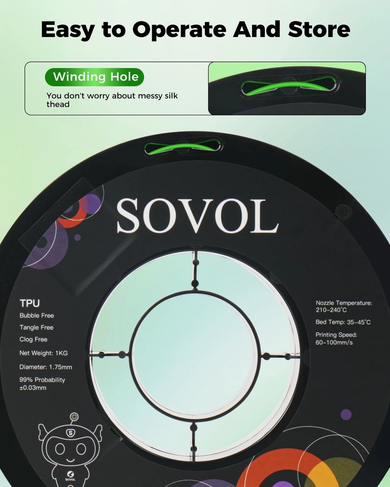 Sovol TPU Filament 1.75mm 95A Soft Flexible 3D Printer - 1 KG Clear Green