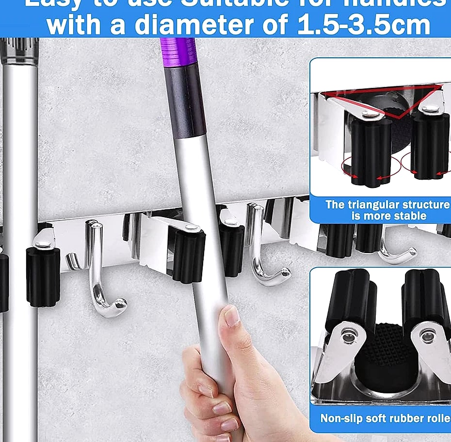 Stainless Steel Wall Mounted Mop and Broom Holder Organizer
