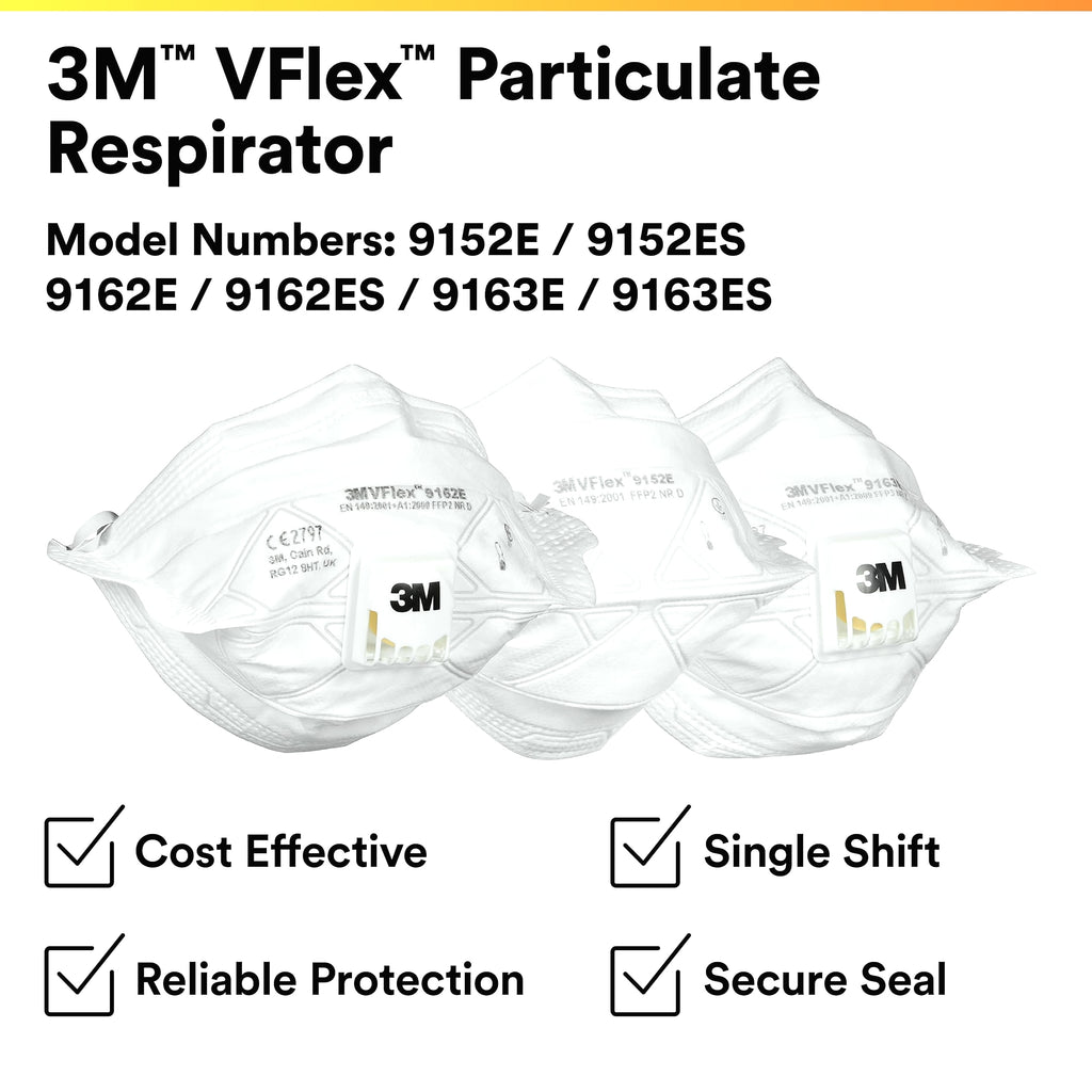 3M N95 Disposable Respirator, VFlex Particulate Respirator 9105, Pack of 50, Standard Size, NIOSH Approved, For Sweeping, Sanding, Grinding, Sawing, Bagging, Dust