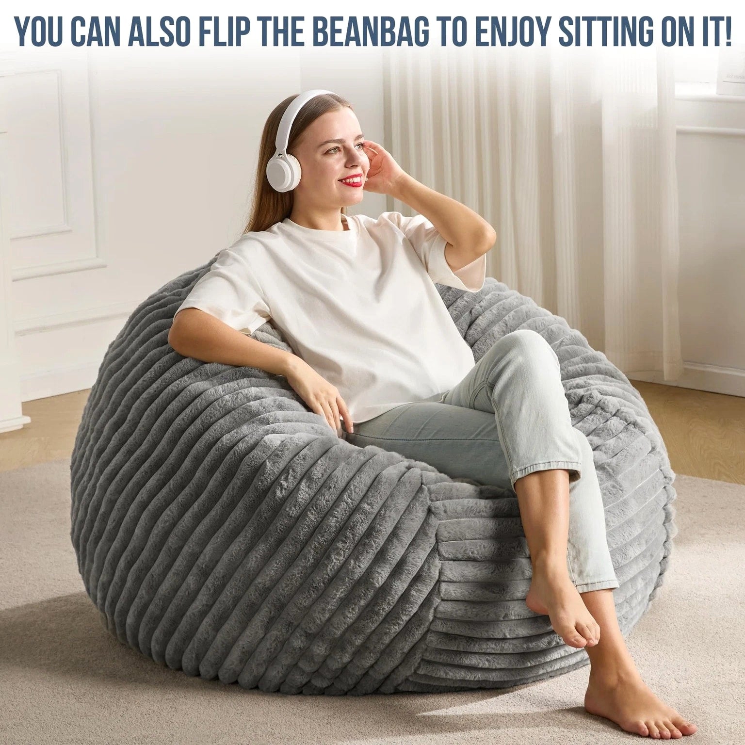 3ft Bean Bag Chairs for Adults, Large Beanbag Chair w/ Stripe Plush Cover Bi...