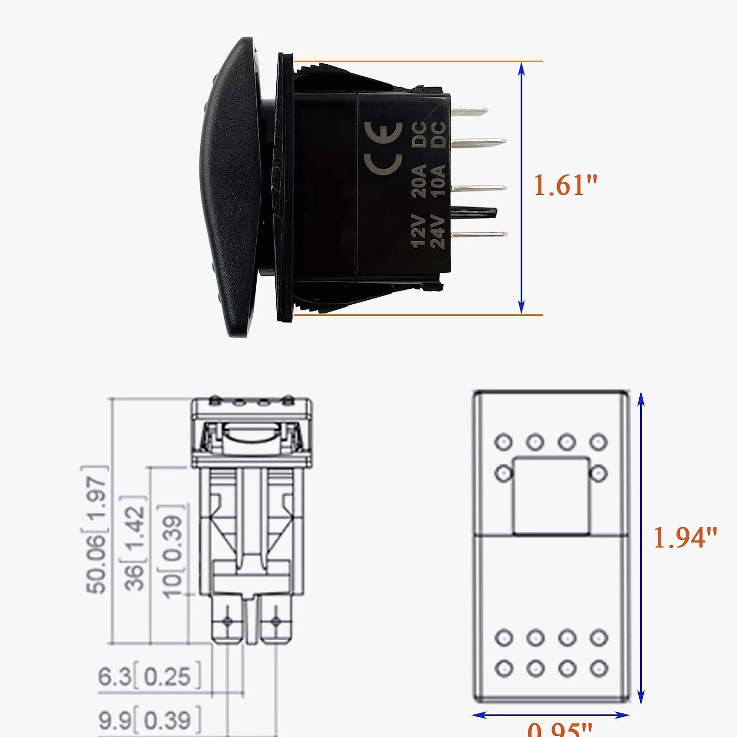 BACAUTOPARTS 5 Pin Rocker Switch 12V/20A 24V/10A LED Toggle