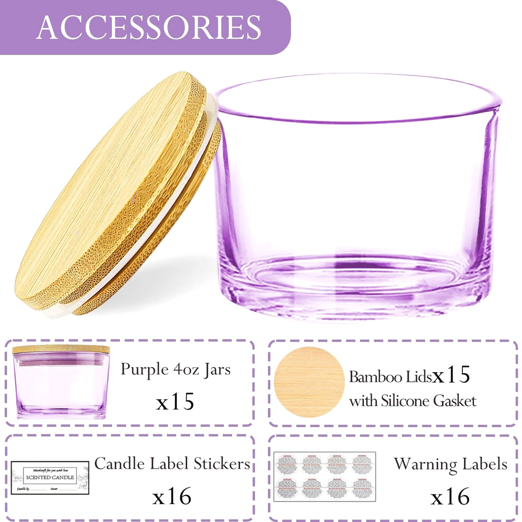 15 Pack 4 oz Glass Candle Jars with Bamboo Lids for Candle Making, Soy Wax