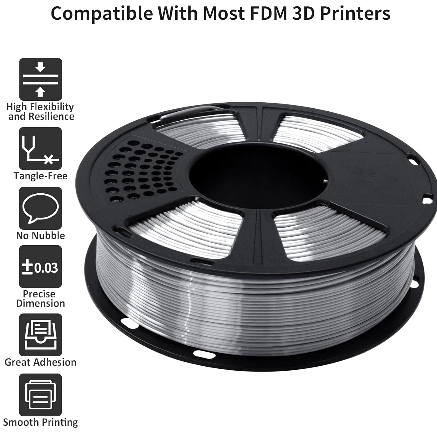 Silk Metallic Silver PLA 3D Printer Filament 1Kg Spool, 1.75Mm Dimensional Accuracy